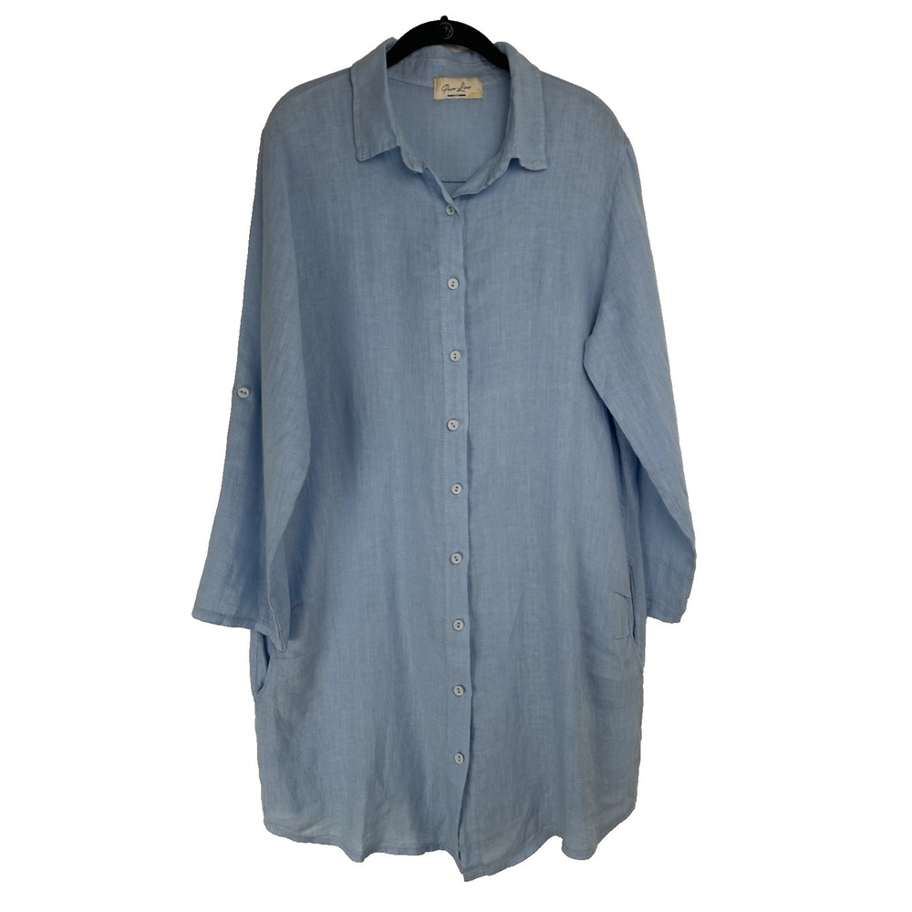 Puro Lino Women's Linen Shirt Dress Size XL Blue Beachy Coastal Resort Breezy